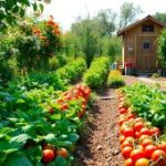 Beginner vegetable garden with rows of healthy tomatoes, lettuce, and herbs growing in raised bed with rich soil