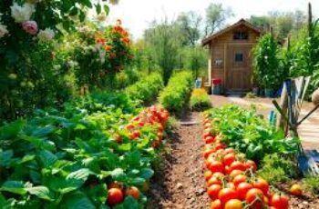 Beginner vegetable garden with rows of healthy tomatoes, lettuce, and herbs growing in raised bed with rich soil