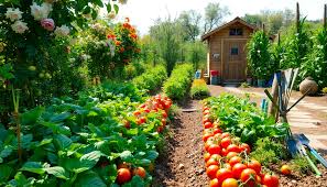 Beginner vegetable garden with rows of healthy tomatoes, lettuce, and herbs growing in raised bed with rich soil