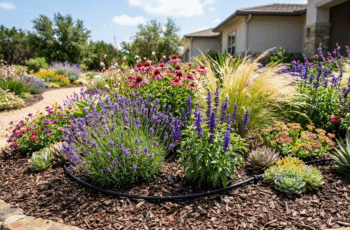 A water-wise garden in full bloom featuring drought-tolerant lavender, salvia, and ornamental grasses with a drip irrigation line and bark mulch visible at soil level