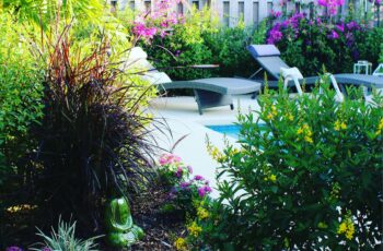 A homeowner and landscape designer reviewing a detailed garden plan together at an outdoor table, discussing questions about a backyard landscaping project