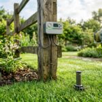 Smart sprinkler controller mounted outdoors near a lush green lawn with a garden sensor visible