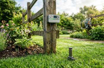 Smart sprinkler controller mounted outdoors near a lush green lawn with a garden sensor visible