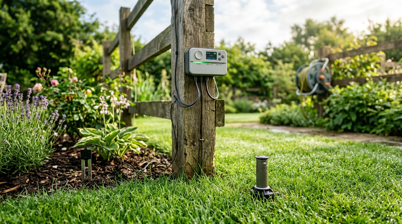 Smart sprinkler controller mounted outdoors near a lush green lawn with a garden sensor visible