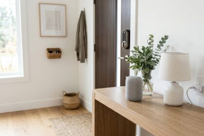 Collection of smart home devices including a smart speaker, plug, and lock set up on a modern shelf
