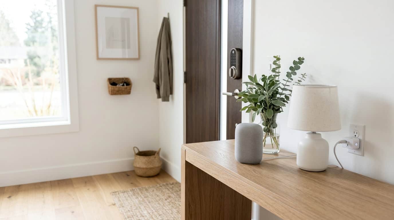 Collection of smart home devices including a smart speaker, plug, and lock set up on a modern shelf