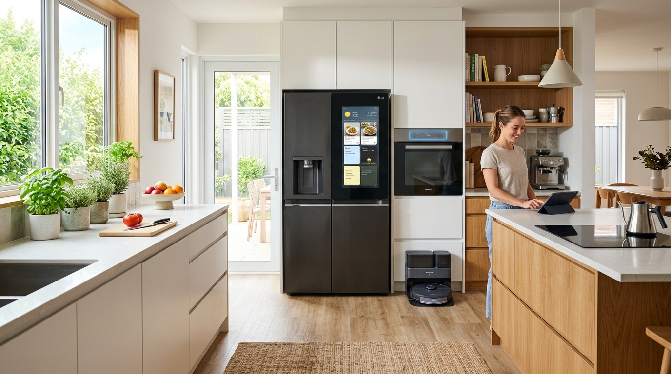 Modern kitchen with smart connected appliances and robot vacuum charging station