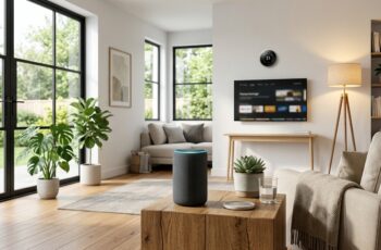 Smart speaker on a kitchen counter controlling connected home devices via voice