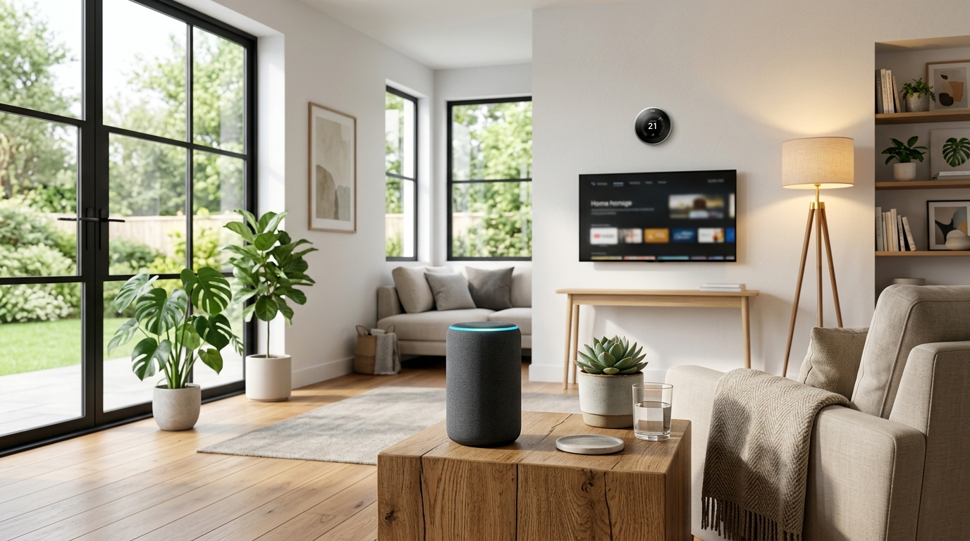 Smart speaker on a kitchen counter controlling connected home devices via voice