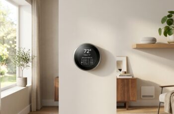 Modern smart thermostat mounted on a bright living room wall displaying a comfort schedule