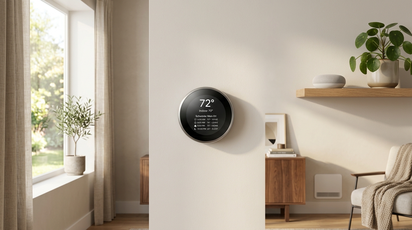 Modern smart thermostat mounted on a bright living room wall displaying a comfort schedule