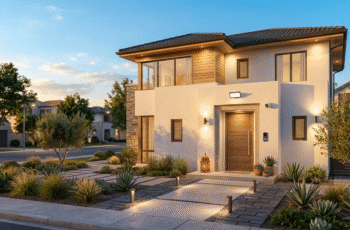 Smart lighting system with motion-sensor outdoor floodlight illuminating a home entrance
