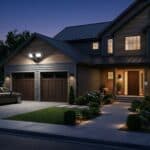 Smart floodlight mounted on a house exterior illuminating a driveway at dusk