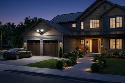 Smart floodlight mounted on a house exterior illuminating a driveway at dusk