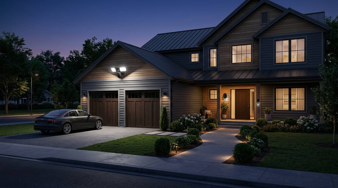 Smart floodlight mounted on a house exterior illuminating a driveway at dusk