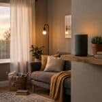 Smart speaker on a living room shelf responding to a voice command with connected home devices nearby