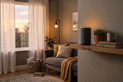 Smart speaker on a living room shelf responding to a voice command with connected home devices nearby