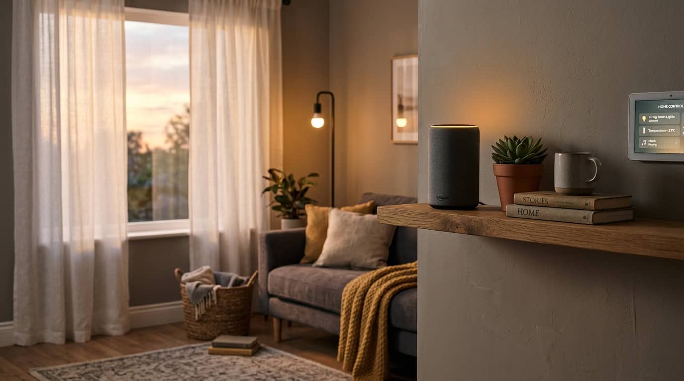 Smart speaker on a living room shelf responding to a voice command with connected home devices nearby