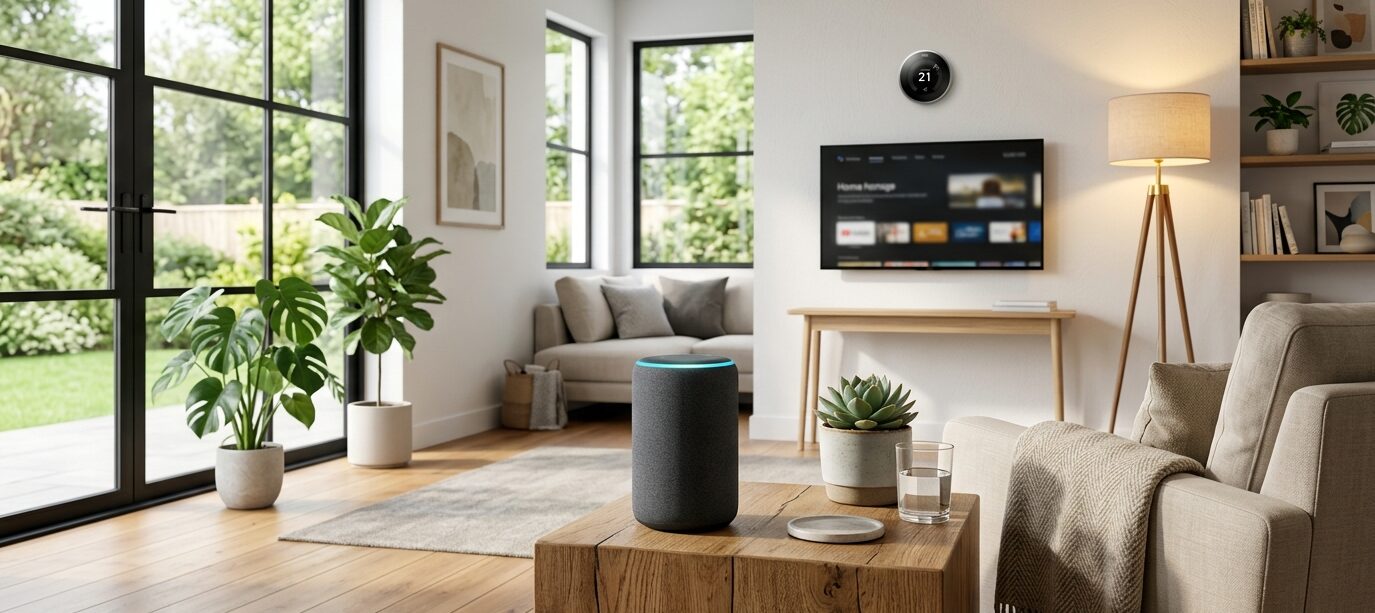 Smart speaker on a kitchen counter controlling connected home devices via voice