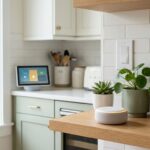 Small local voice assistant satellite device on a kitchen shelf near smart home controls
