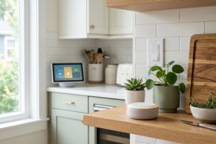 Small local voice assistant satellite device on a kitchen shelf near smart home controls