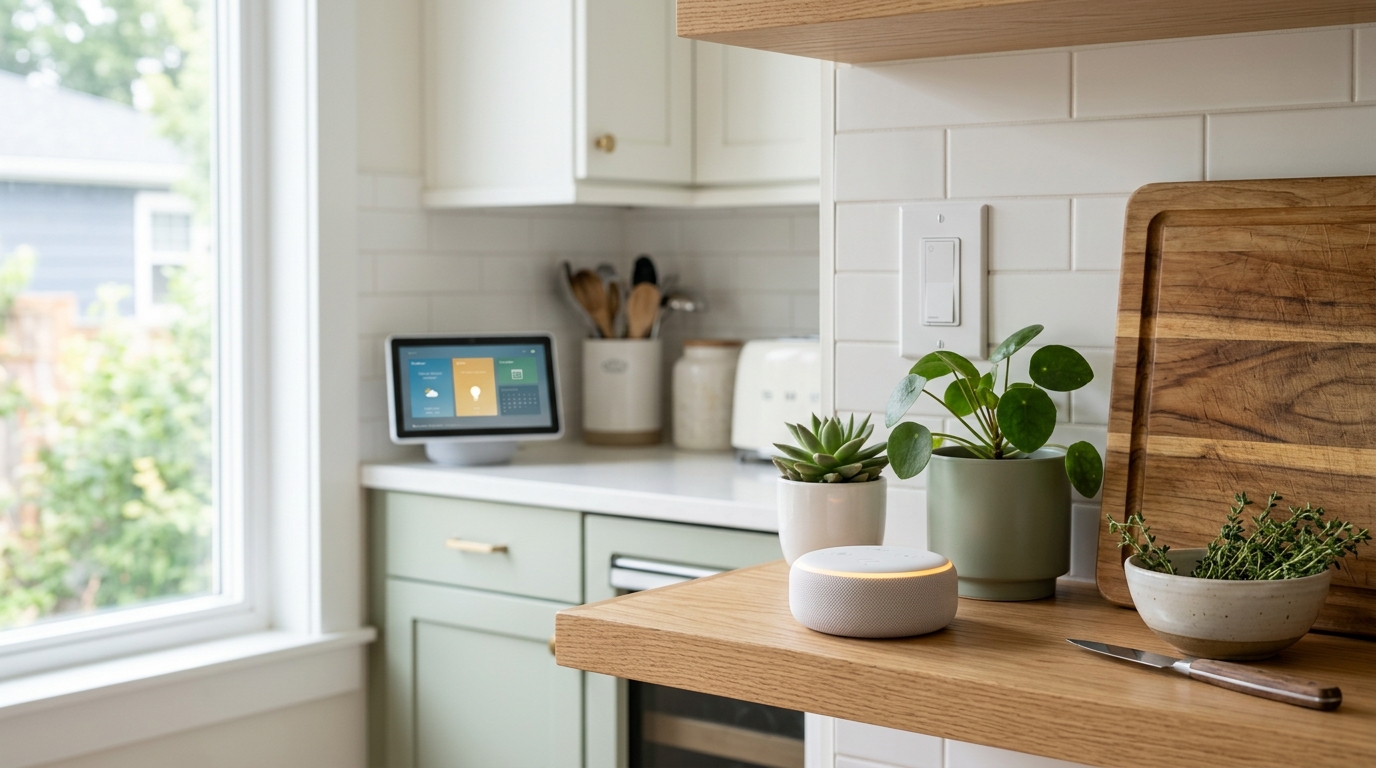 Small local voice assistant satellite device on a kitchen shelf near smart home controls