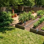 Premium smart irrigation controller mounted near a well-maintained multi-zone garden with drip lines visible
