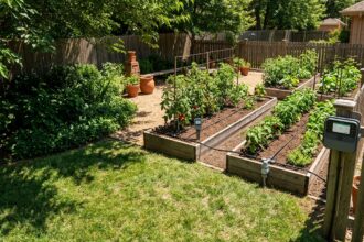 Premium smart irrigation controller mounted near a well-maintained multi-zone garden with drip lines visible