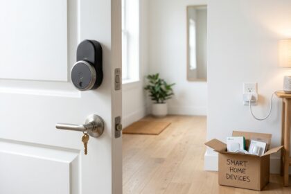 Retrofit smart lock on an apartment door and a smart plug powering a lamp, with a moving box nearby