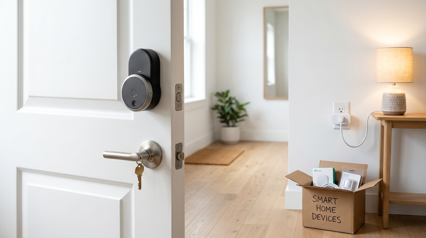 Retrofit smart lock on an apartment door and a smart plug powering a lamp, with a moving box nearby