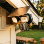 Solar-powered floodlight security camera with dual lights mounted under a house eave at golden hour