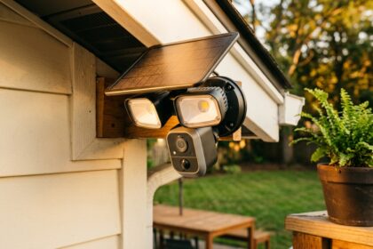 Solar-powered floodlight security camera with dual lights mounted under a house eave at golden hour