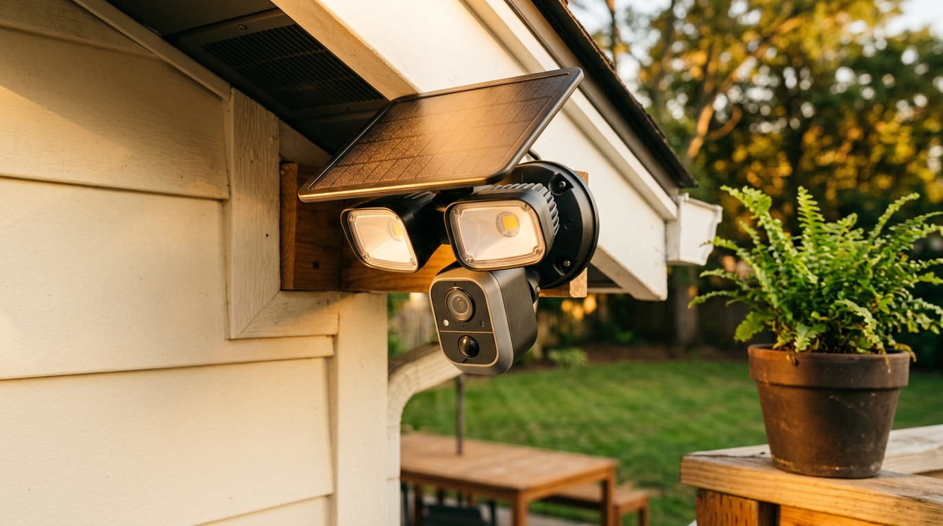 Solar-powered floodlight security camera with dual lights mounted under a house eave at golden hour